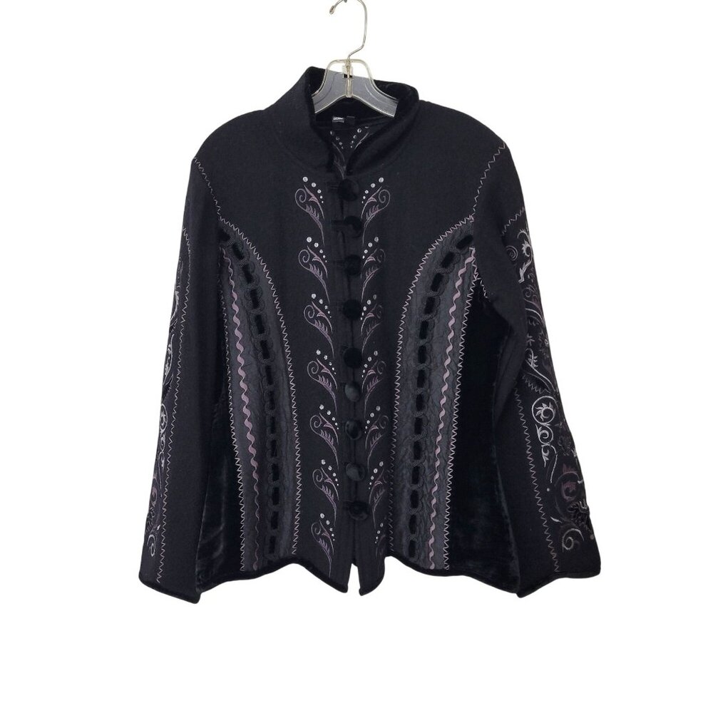 Covelo Women's Black Embroidered Wool Blend Jacket With Velvet Trim Button Front - Picture 7 of 7